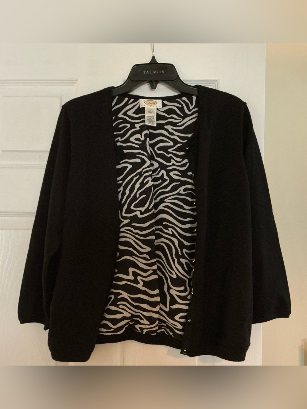 Talbots Black Cardigan with Zebra-Print Interior